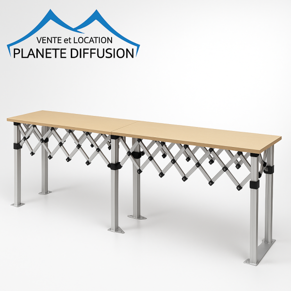 Comptoir Pliant Professionnel 278×40 cm – Aluminium & Plateaux Bois Mélaminé