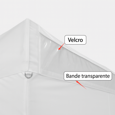 Système Velcro + bande transparente : un montage simple, propre et rapide pour vos tentes pliantes professionnelles.