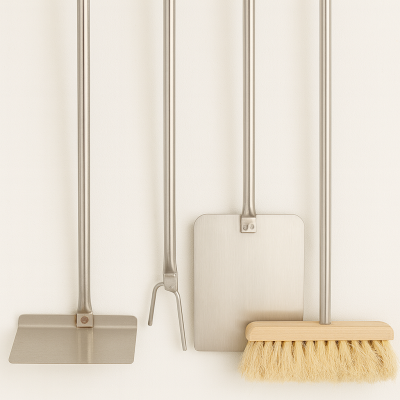Kit d’accessoires inox pour four à bois – Pelle, racleur, crochet, balai + Support | Votre Boutique