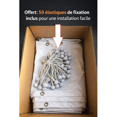Gouttière PVC conditionnée avec ses élastiques de fixation, prête à être installée sur vos tentes.