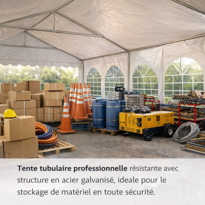 Structure en acier galvanisé et bâche PVC résistante pour un stockage fiable en toutes circonstances.
