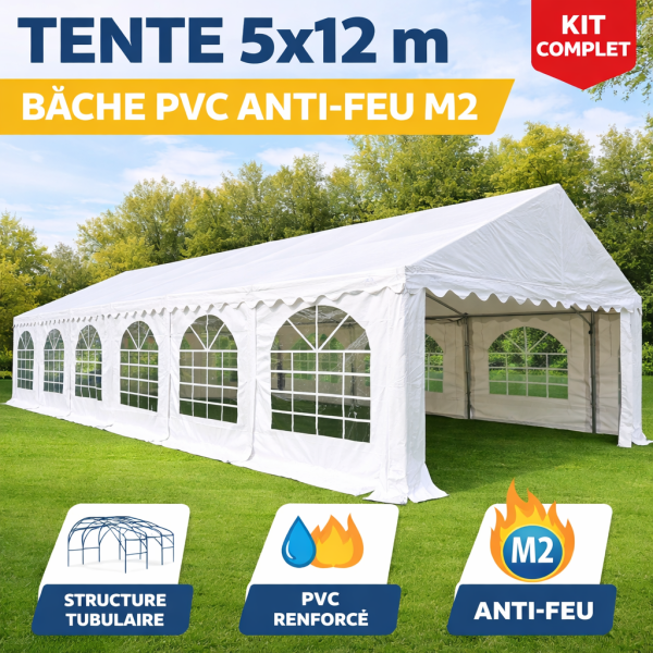Tente de réception 5 × 12 m – Structure acier galvanisé 38/42 mm, bâche PVC anti-feu M2