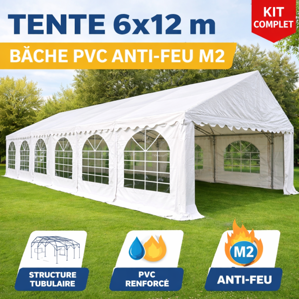 Tente de réception 6 × 12 m – Structure acier galvanisé 38/42 mm, bâche PVC anti-feu M2