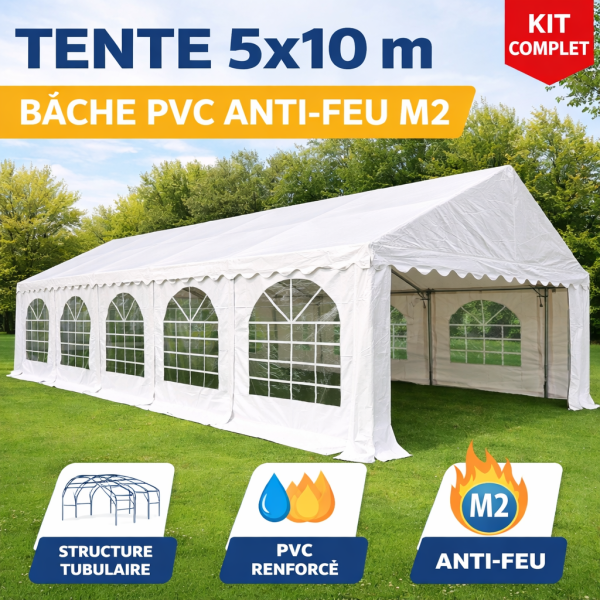 Tente de réception 5 × 10 m – Structure acier galvanisé 38/42 mm, bâche PVC anti-feu M2