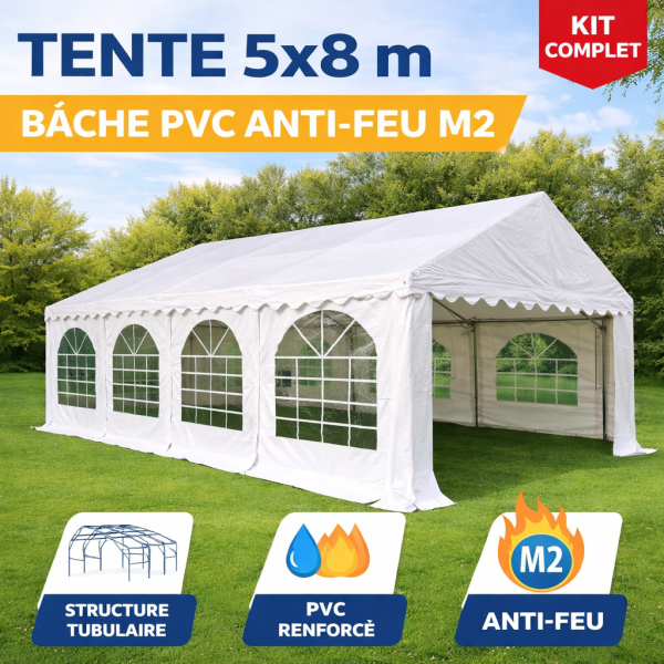 Tente de réception 5 × 8 m – Structure acier galvanisé 38/42 mm, bâche PVC anti-feu M2