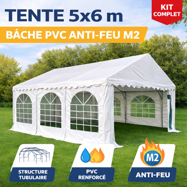 Tente de réception 5 × 6 m – Structure acier galvanisé 38/42 mm, bâche PVC anti-feu M2