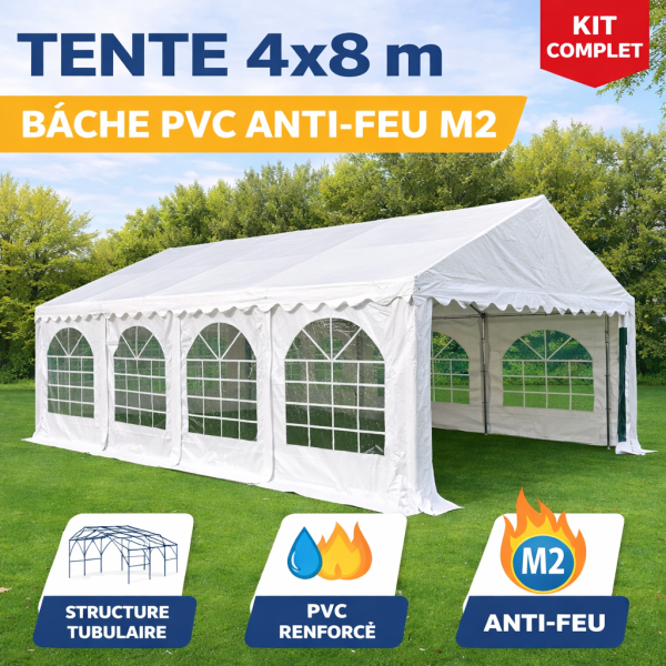Tente de réception 4 × 8 m – Structure acier galvanisé 38/42 mm, bâche PVC anti-feu M2