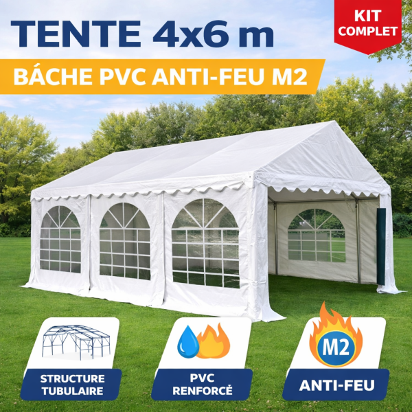 Tente de réception 4 × 6 m – Structure acier galvanisé 38/42 mm, bâche PVC anti-feu M2
