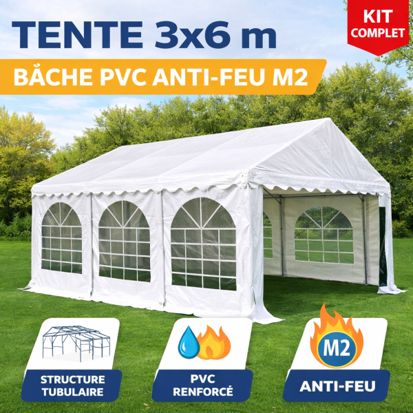 Tente de réception 3 × 6 m – Structure acier galvanisé 38/42 mm, bâche PVC anti-feu M2