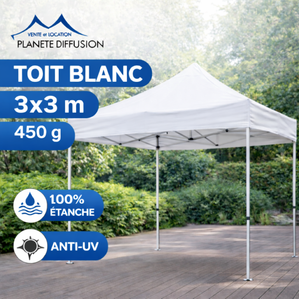 Bâche de toit 3×3 m étanche pour tente pliante – Toile PVC 450 g/m² (Blanc)