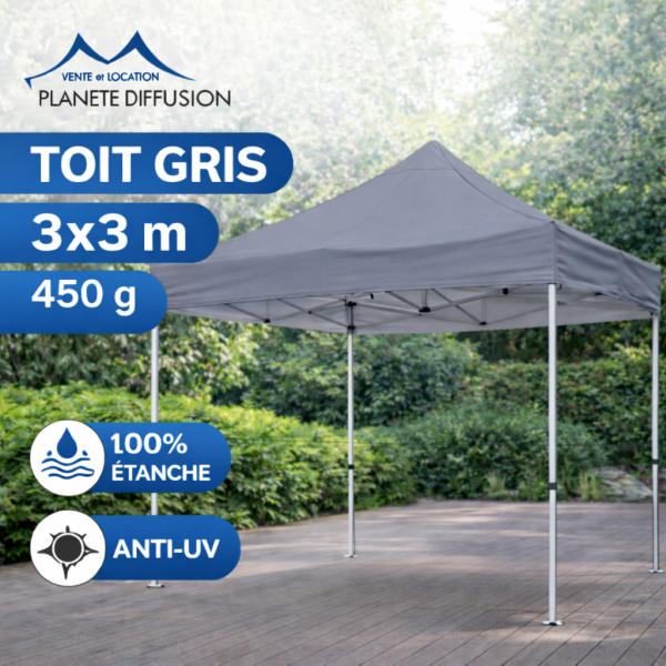 Bâche de toit 3×3 m étanche pour tente pliante – Toile PVC 450 g/m² (Gris)
