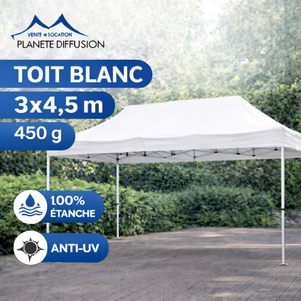 Bâche de toit 3×4.5 m étanche pour tente pliante – Toile PVC 450 g/m² (Blanc)