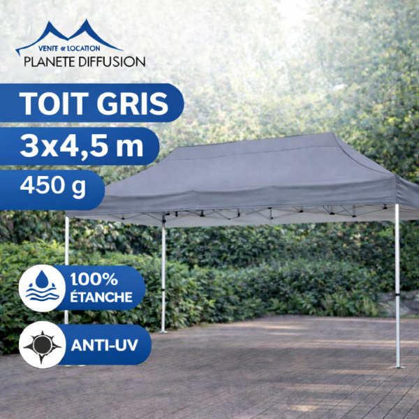 Bâche de toit 3×4.5 m étanche pour tente pliante – Toile PVC 450 g/m² (Gris)