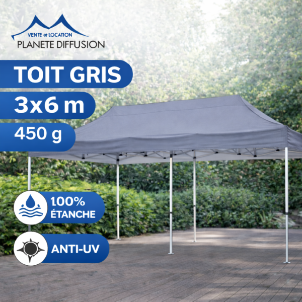 Bâche de toit  3×6 m étanche pour tente pliante – Toile PVC 450 g/m² (Gris)