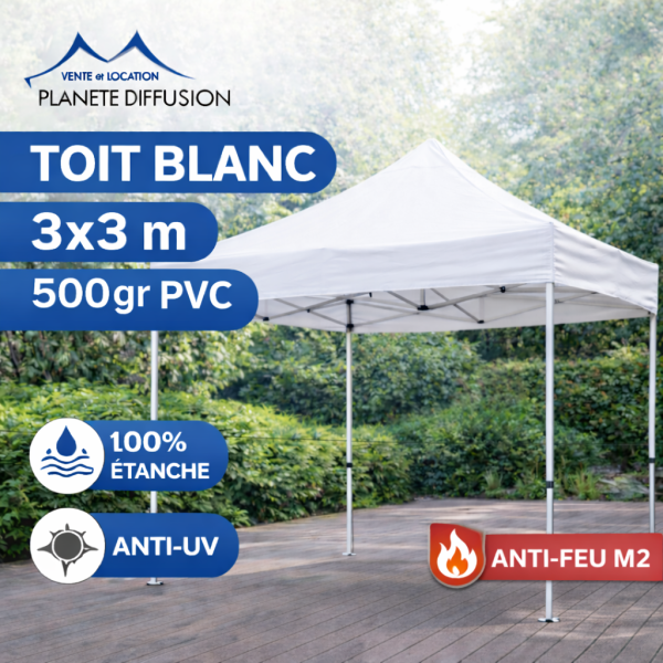 Bâche de toit 3×3 m étanche pour tente pliante – Toile PVC 500 g/m² (Blanc)