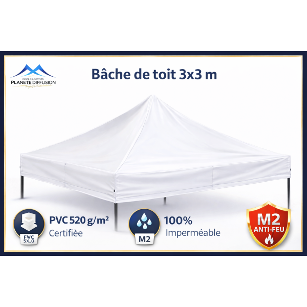 Bâche de toit 3x3 m pour tente pliante – PVC 520 g imperméable M2