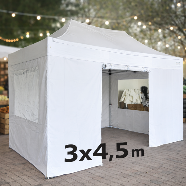 Tente pliante 3x4.5 m BLANC aluminium 45 mm – Barnum semi-professionnel avec bâche 380 g/m²