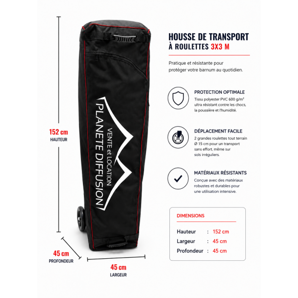 Sac de transport 3x3 m à roulettes barnum – Polyester 600 g PVC – Renforcé & pratique