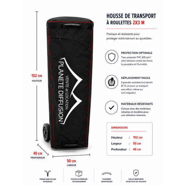 Sac de transport 2x3 m à roulettes barnum – Polyester 600 g PVC – Renforcé & pratique