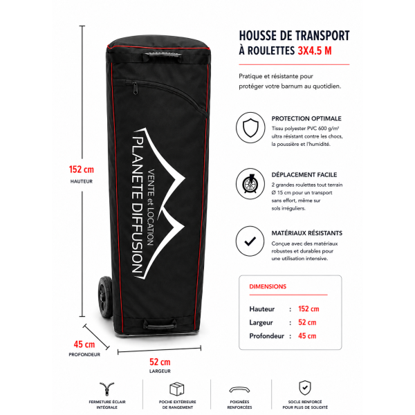 Sac de transport 3x4.5 m à roulettes barnum – Polyester 600 g PVC – Renforcé & pratique