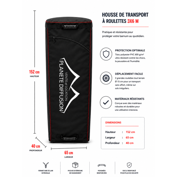 Sac de transport 5x5 m à roulettes barnum – Polyester 600 g PVC – Renforcé & pratique