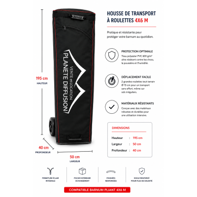 Housse de transport à roulettes pour barnum pliant 4x6 m – 195 × 50 × 40 cm