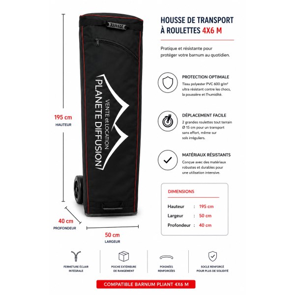 Sac de transport 4x6 m à roulettes barnum – Polyester 600 g PVC – Renforcé & pratique