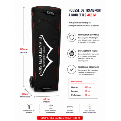 Housse de transport à roulettes pour barnum pliant 4x8 m – Dimensions 195 × 63 × 40 cm